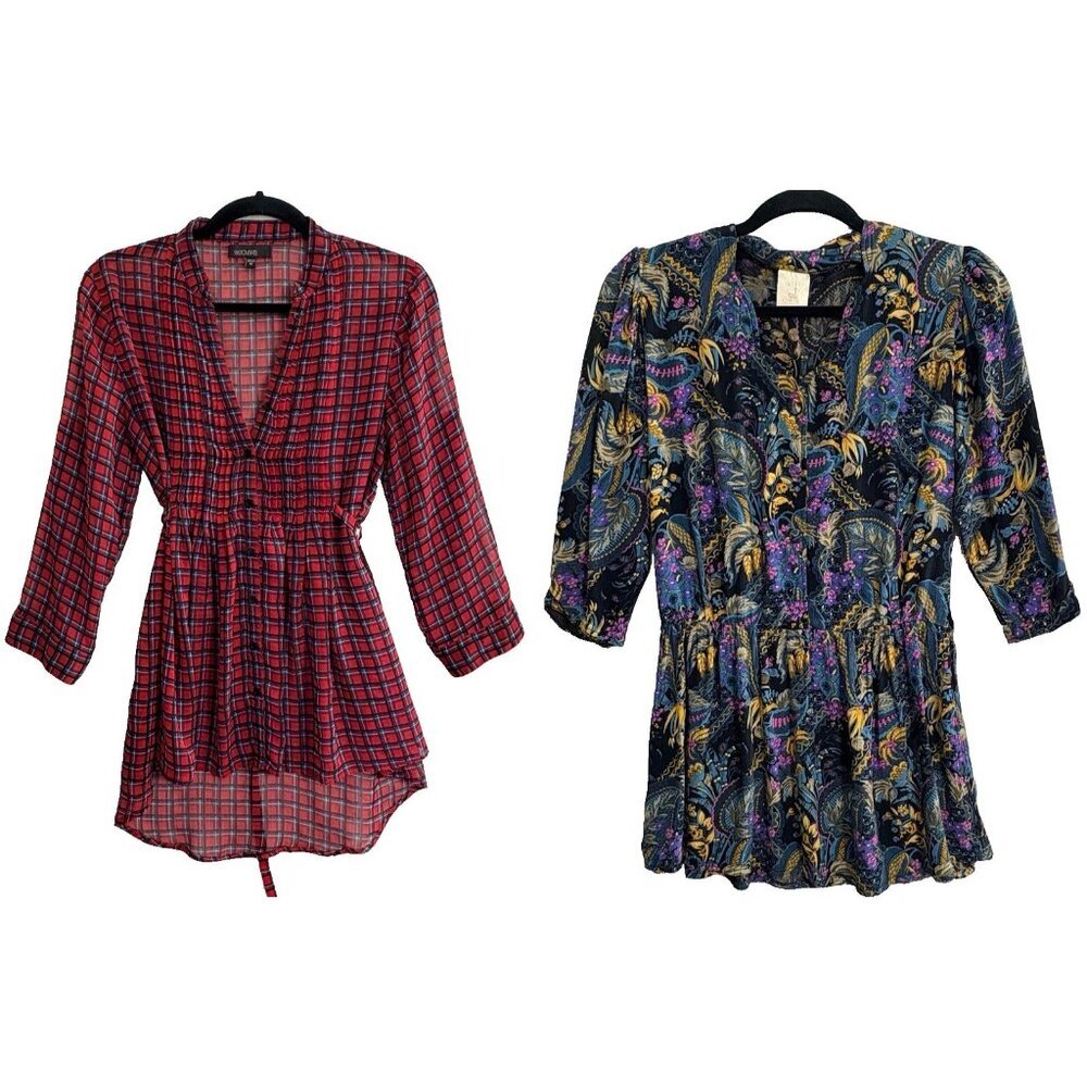 WOMEN Bundle of 2 Boho Sheer Long‎ Sleeve Top Mini Dress Sz M Multicolor 32-11